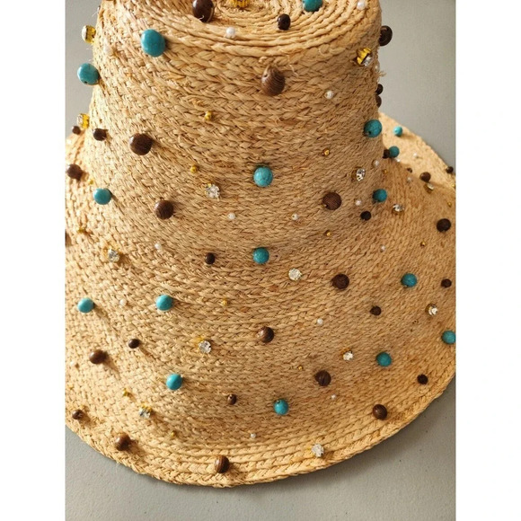 NWD Lele Sadoughi Turquoise Embellished Straw Sun Hat Natural One Size - Picture 6 of 13